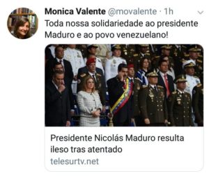 Secretaria internacional del @ptbrasil, Monica Valente (@movalente), también manifiesta solidaridad con @NicolasMaduro y con el pueblo de Venezuela.