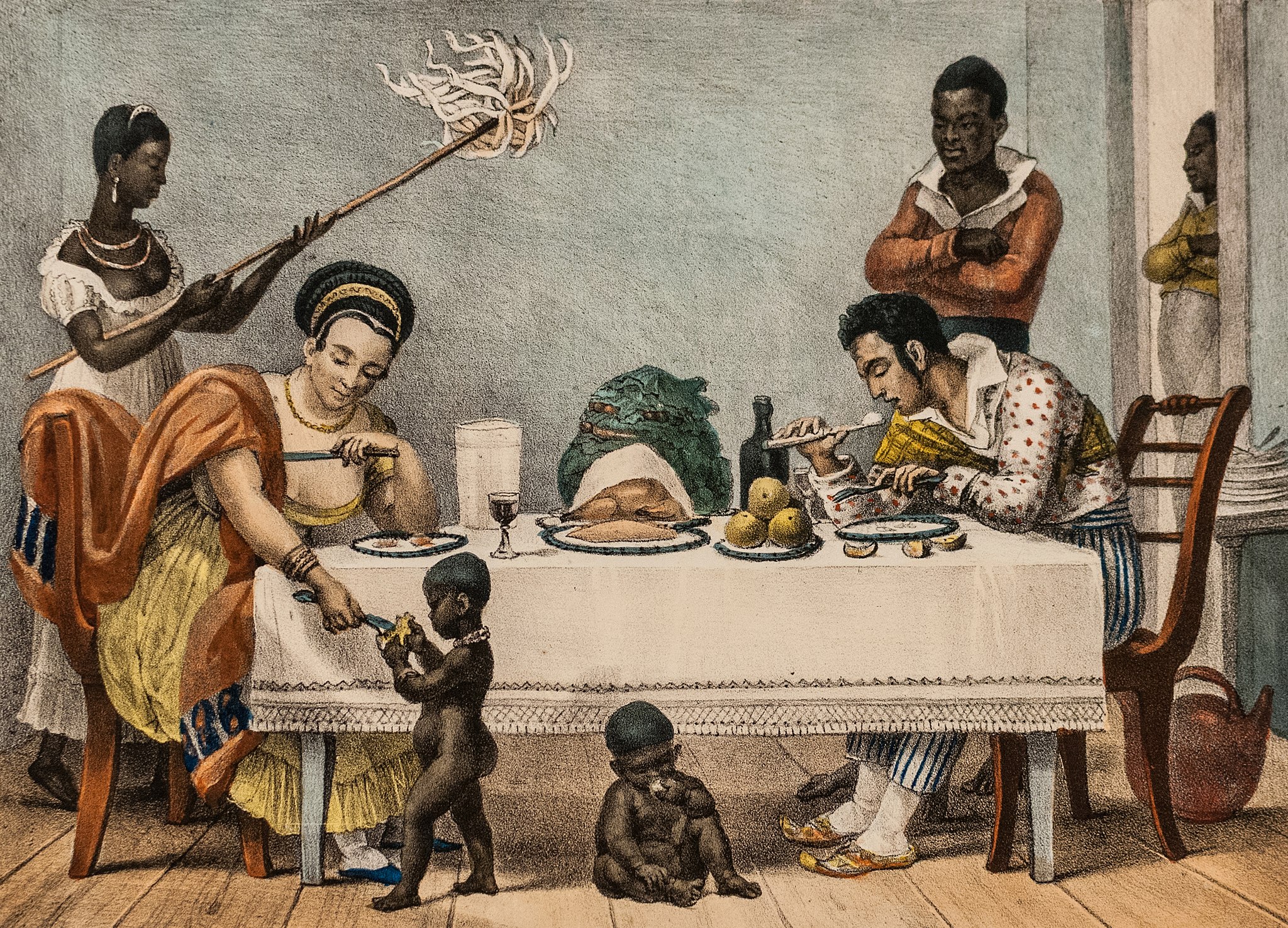 O jantar - Litografia de Jean-Baptiste Debret, que passou 15 anos no Brasil capturando a vida cotidiana de uma sociedade construída sob a escravidão