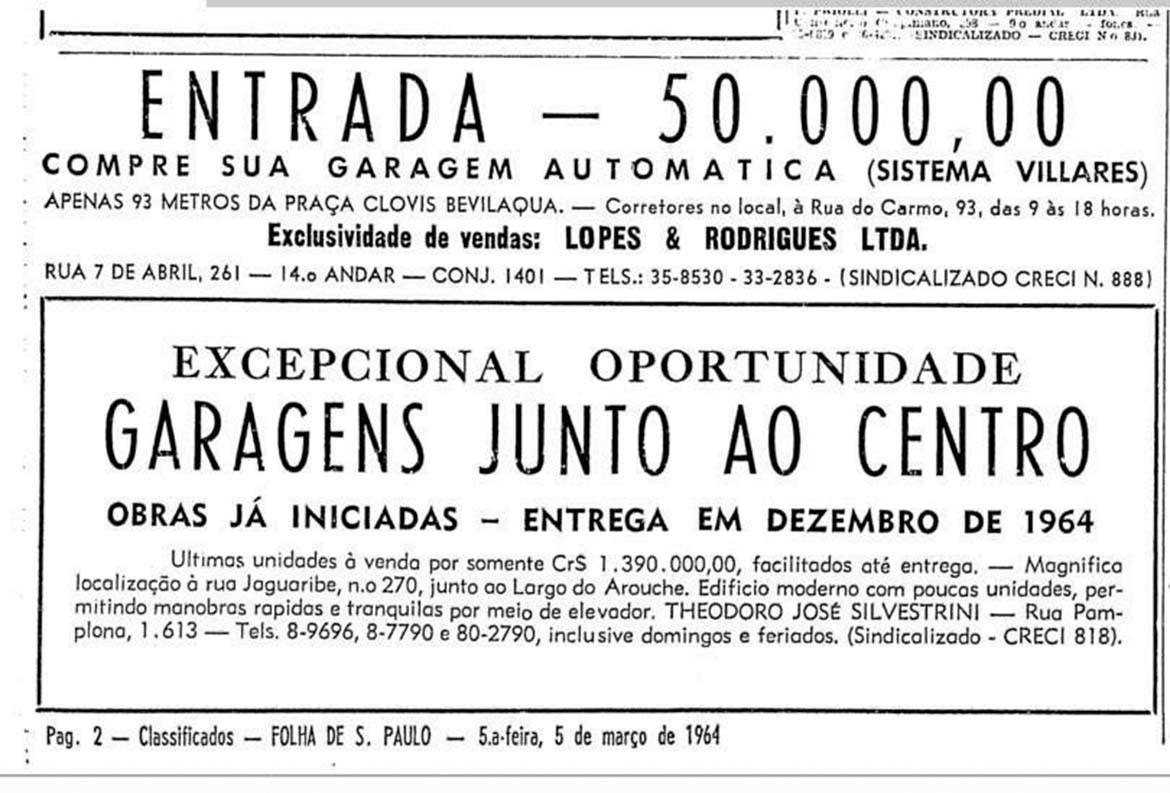 Anúncio publicado na "Folha de S.Paulo", em 1964: A sua garagem automática, por 50.000 cruzeiros