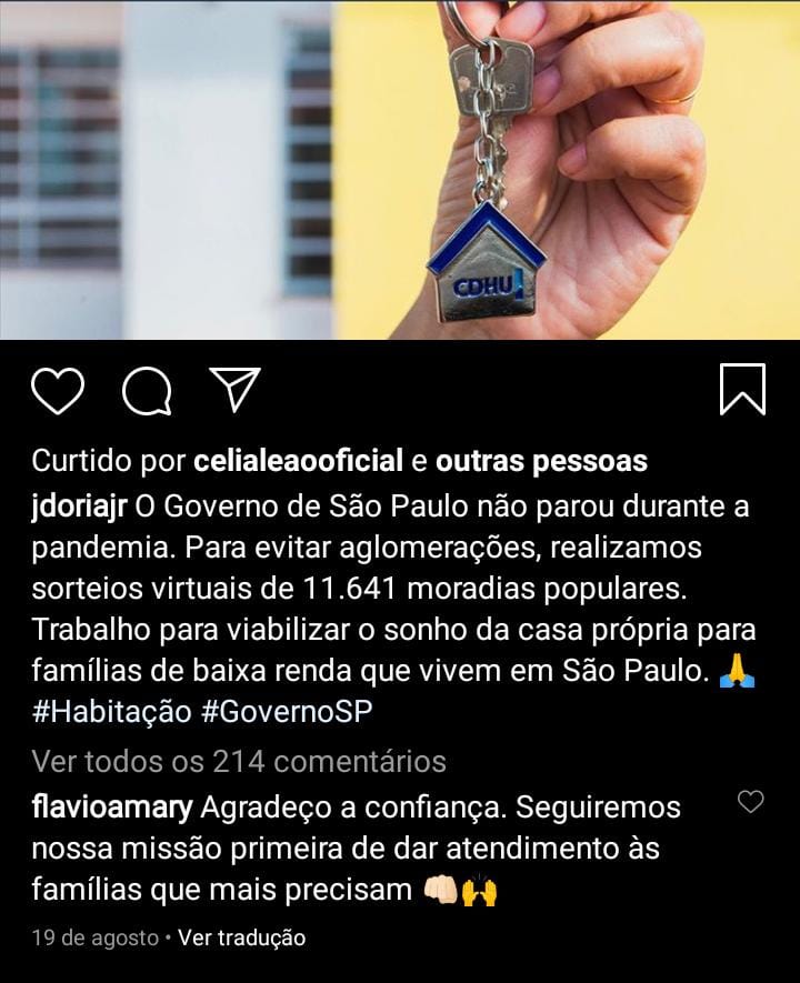 Página de rede social do governador João Doria em que  anuncia entregas de casas da CDHU (Foto: Divulgação)