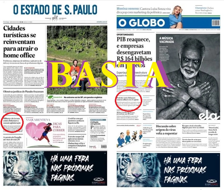 Capas do Estadão e do Globo: em vez dos atos do dia 29, desinformação e manipulação