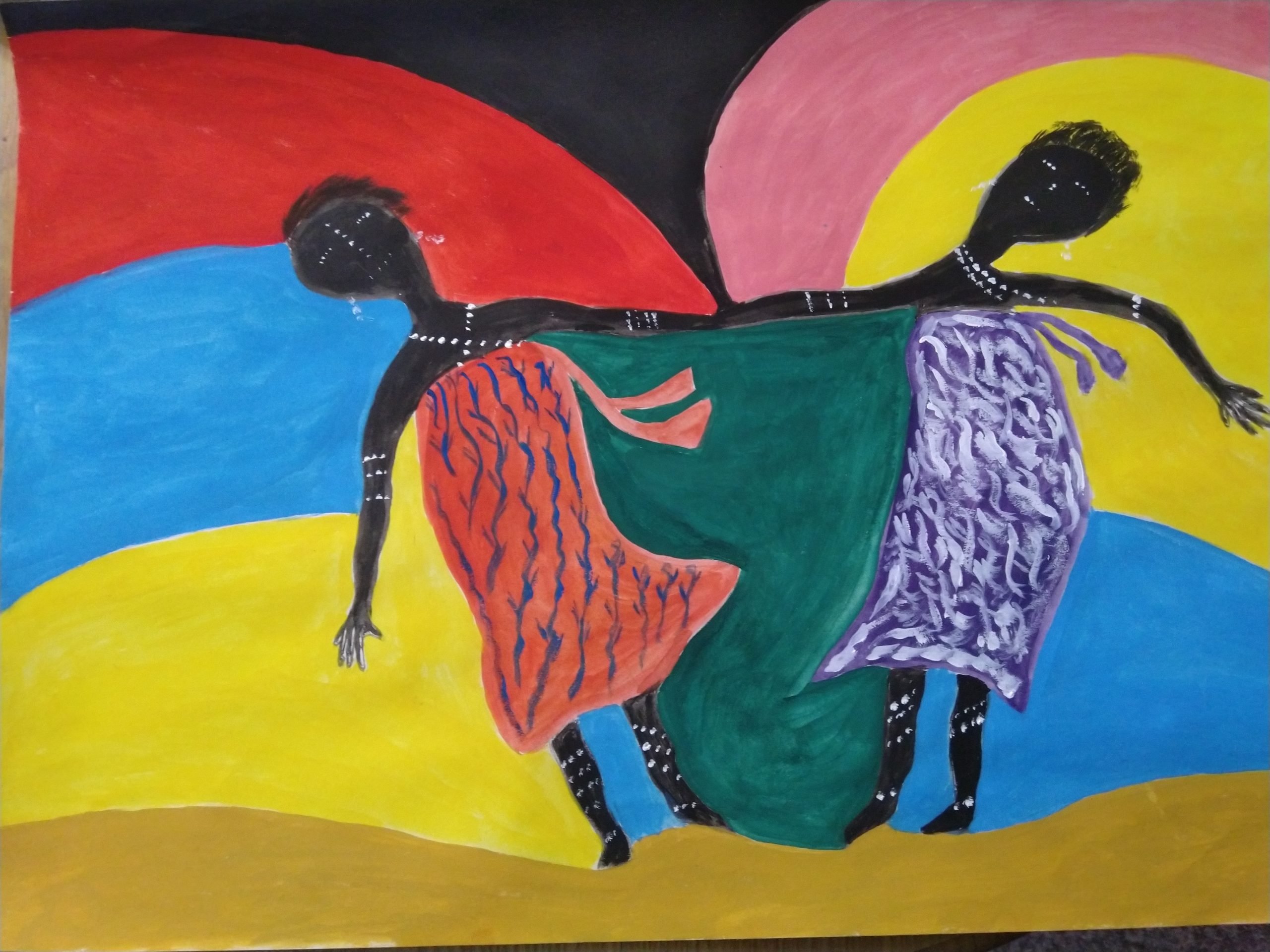 Duas mulheres negras se fundem e separam em meio a diversas cores. 