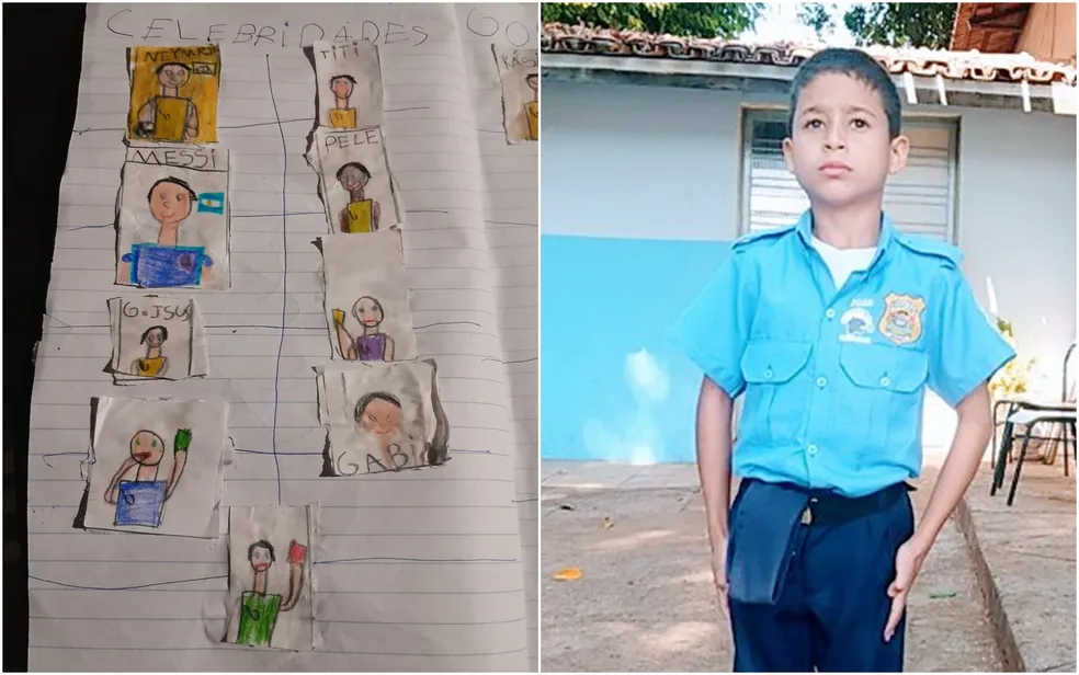 João Gabriel, de 8 anos, desenhou as figurinhas em folhas de caderno [Foto: G1/Reprodução]