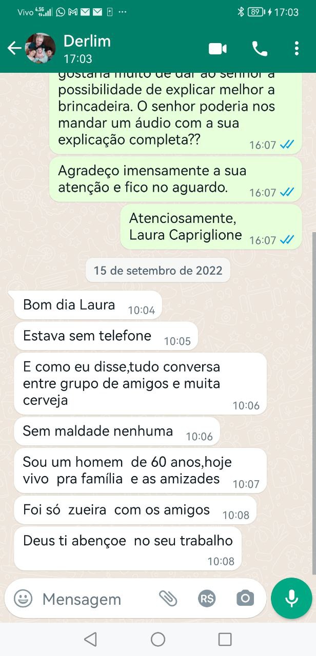 Mensagem de Wilderlim em que ele tenta explicar a conversa antipetista