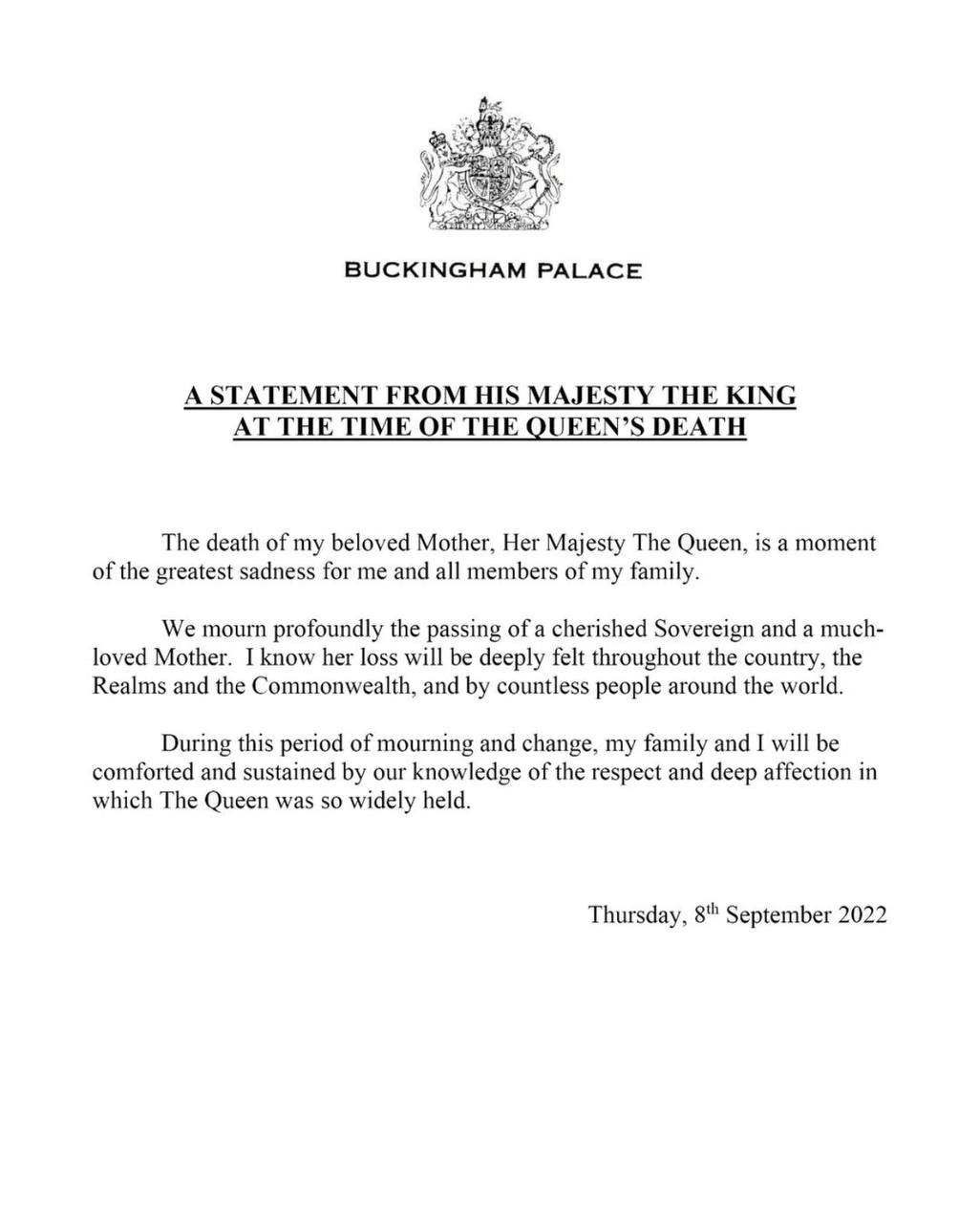 Comunicado oficial do rei Charles, veiculado nas redes sociais da Família Real.