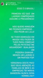 Print de publicação de coordenadora de RH ameaçando eleitores de Lula. - Imagem: Reprodução.